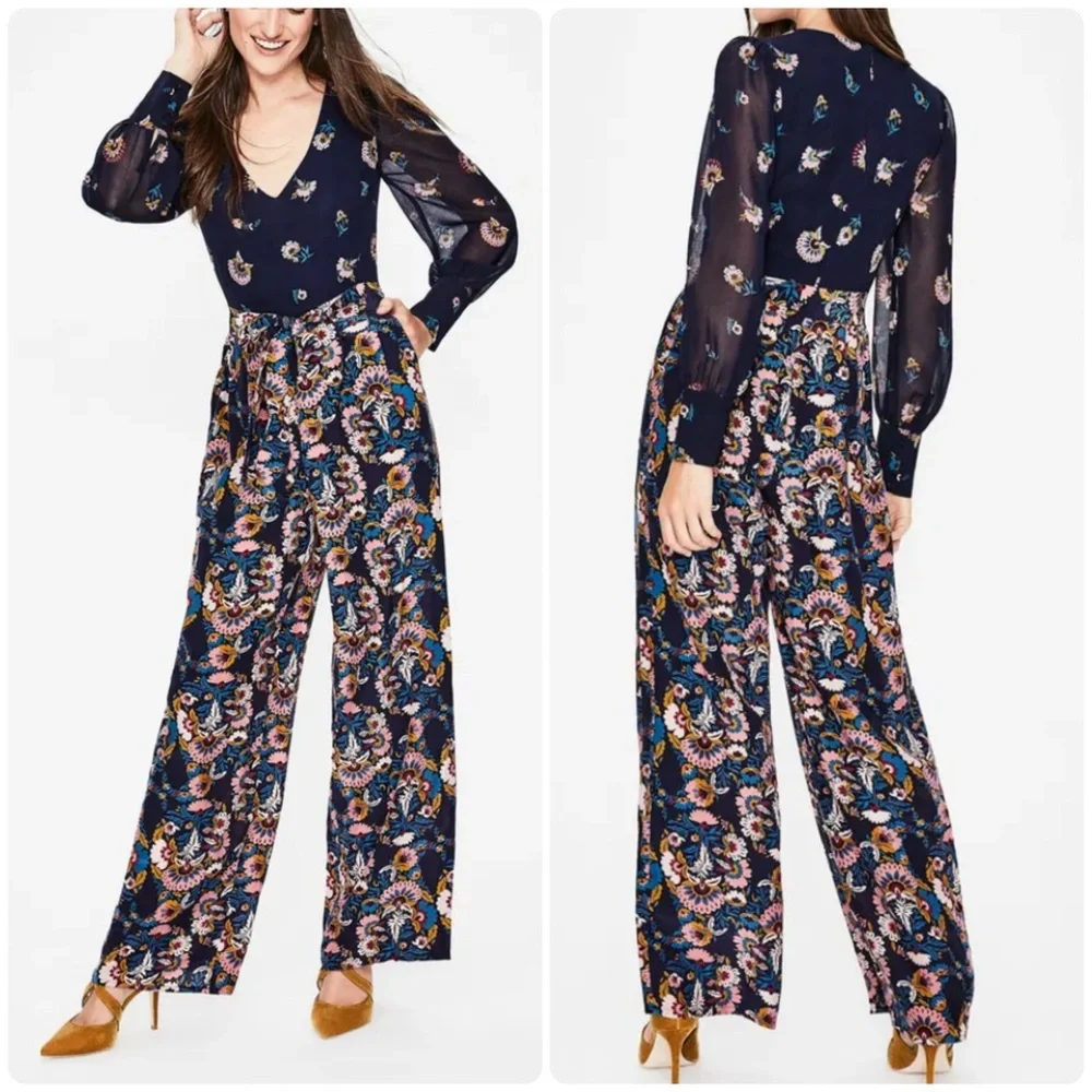 Boden Belgrave Jumpsuit Silk Navy Flourish Scatter